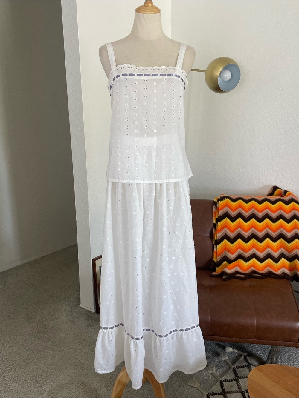 Vintage 1970s Boho Leslie Fay Neiman Marcus Eyelet 2-piece Blouse Skirt Set
